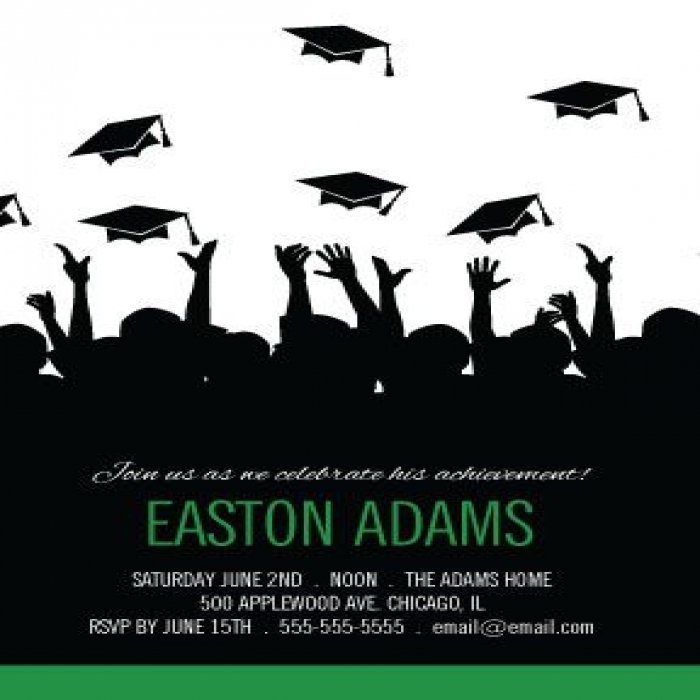 Green Tossing Caps Vertical Graduation Invitations - 4 x 6