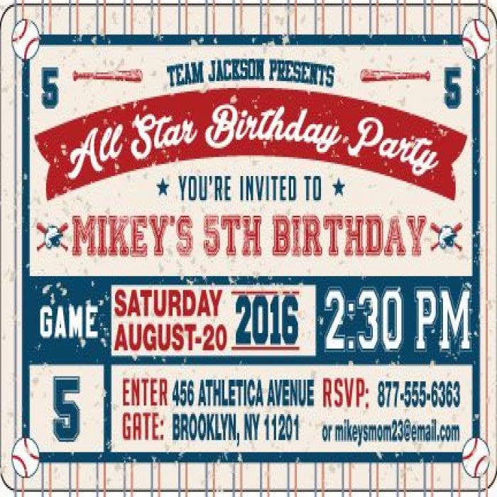 All Star Baseball Birthday Party Horizontal Invitations - 4 x 6