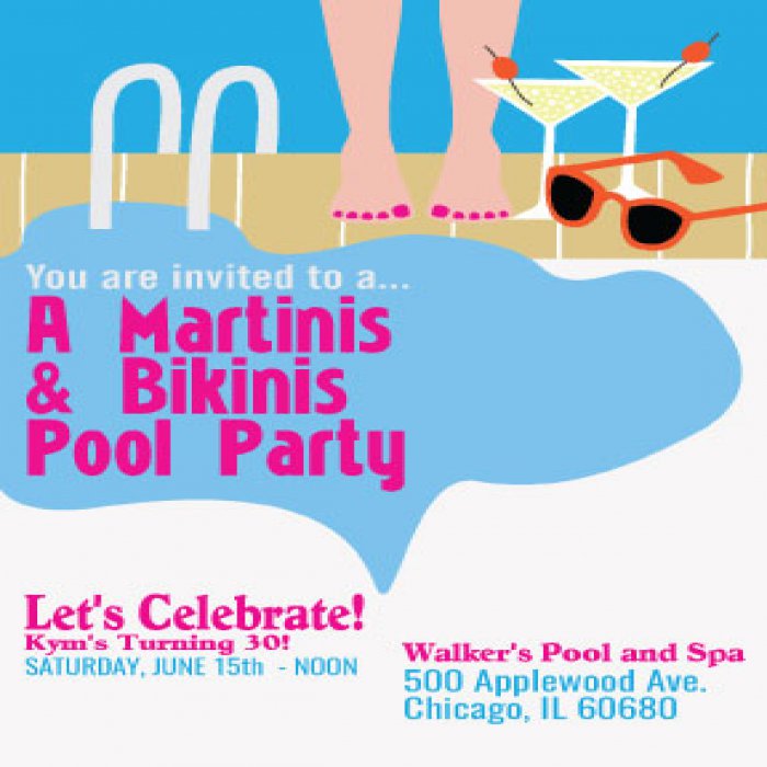 Martinis & Bikinis Pool Party Vertical Invitation - 4 x 6