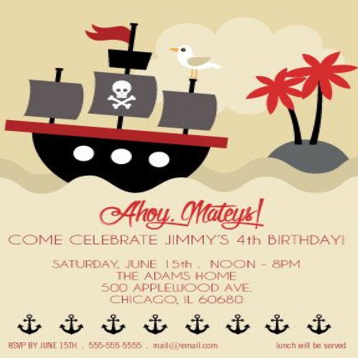 Ahoy Matey Anchors Pirate Ship Birthday Invitations - 4 x 6