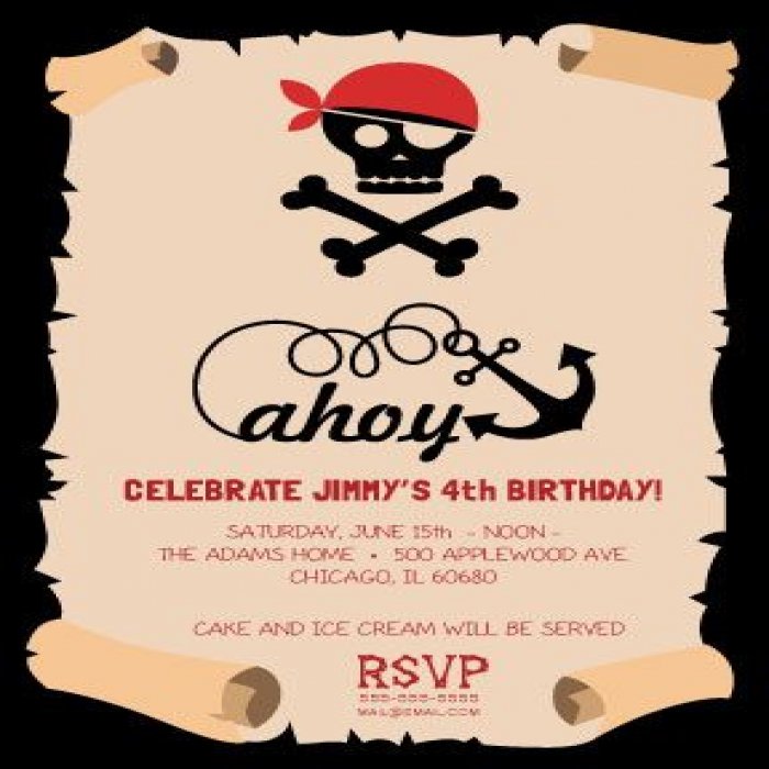 Ahoy Pirate Map Birthday Party Invitations - 4 x 6