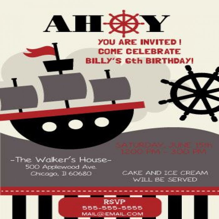 Beige Ahoy Matey Striped Pirate Birthday Invitations - 4 x 6