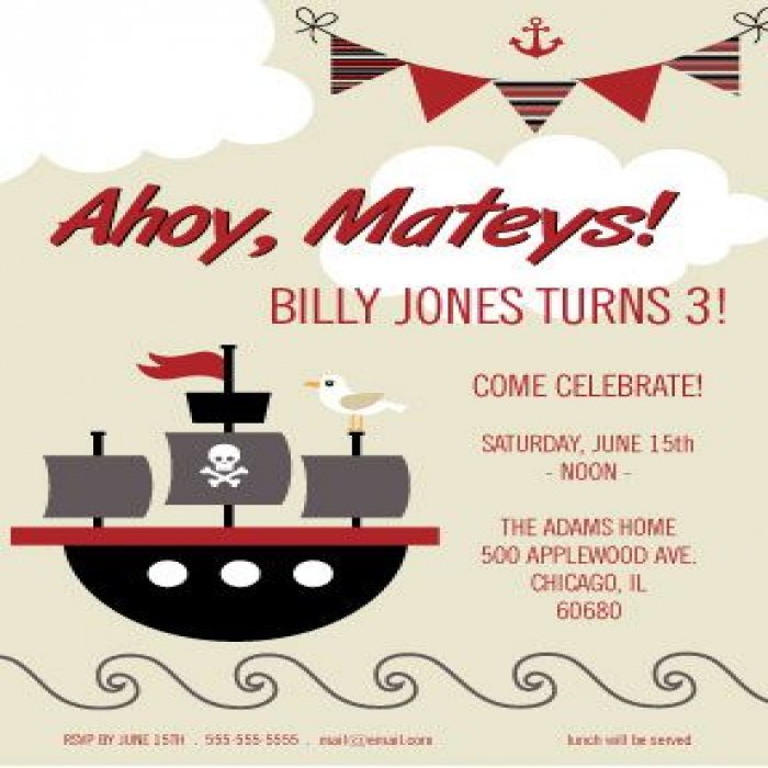 Beige Ahoy Matey Pirate Ship Birthday Invitations - 4 x 6