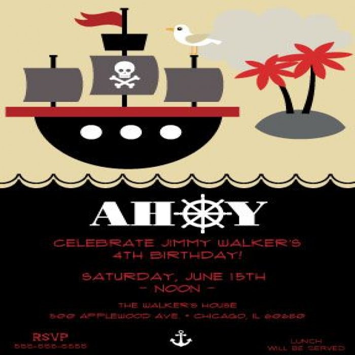 Black Ahoy Pirate Ship Birthday Vertical Invitations - 4 x 6