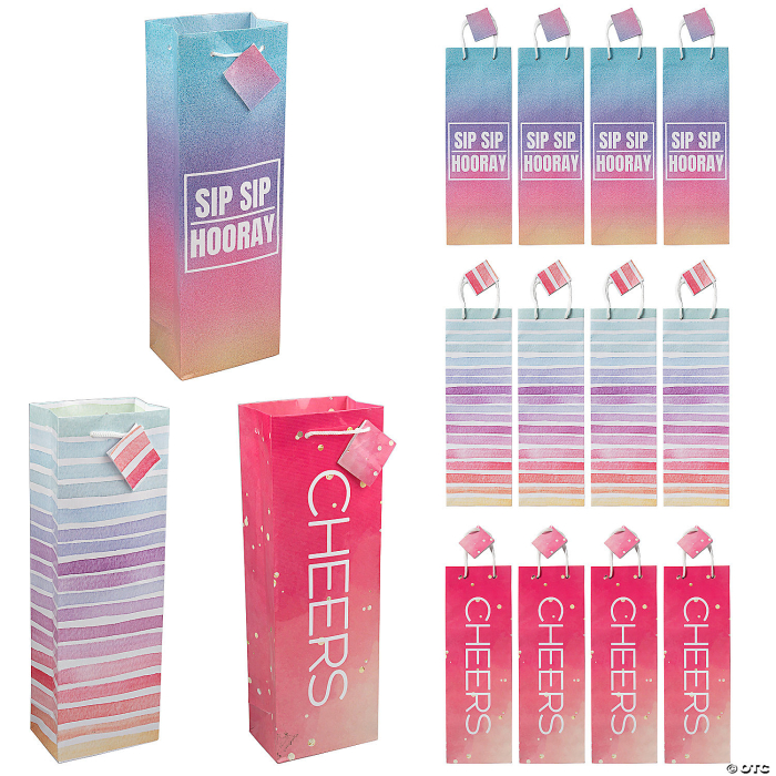 4 3/4" x 3" x 14" Wine Gift Bags with Tags Assortment - 12 Pc.
