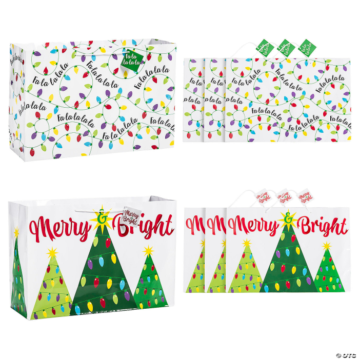 18\" x 12\" Large Christmas Trees & Lights Paper Gift Bags with Tags - 6 Pc.