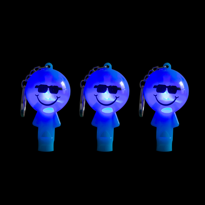2" Light-Up Smiley Whistle Keychain- Blue