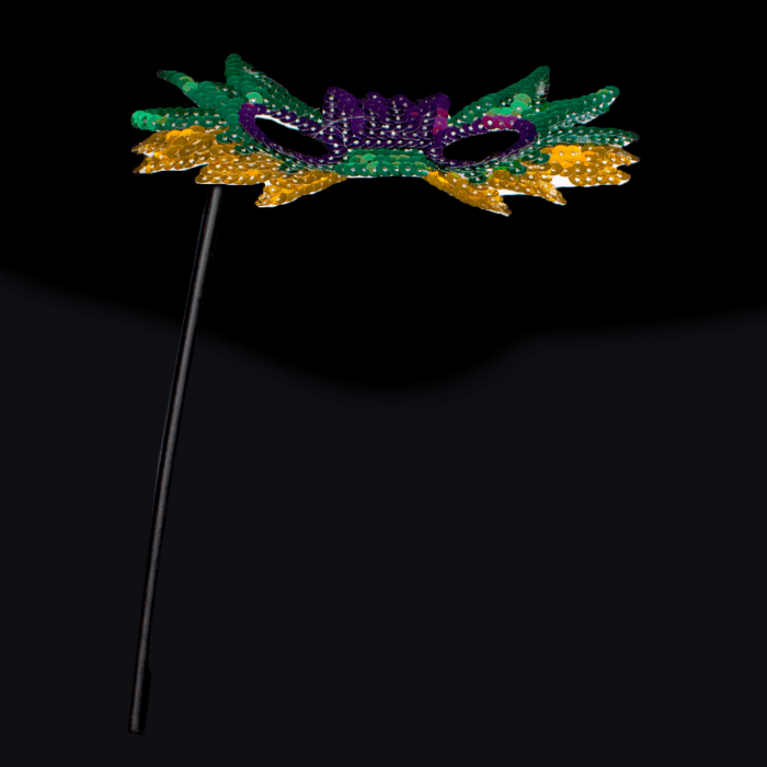 8" Sequin Mask with Stick- Green, Purple, & Gold