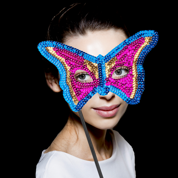 8" Sequin Mask with Stick- Pink, Gold, & Blue
